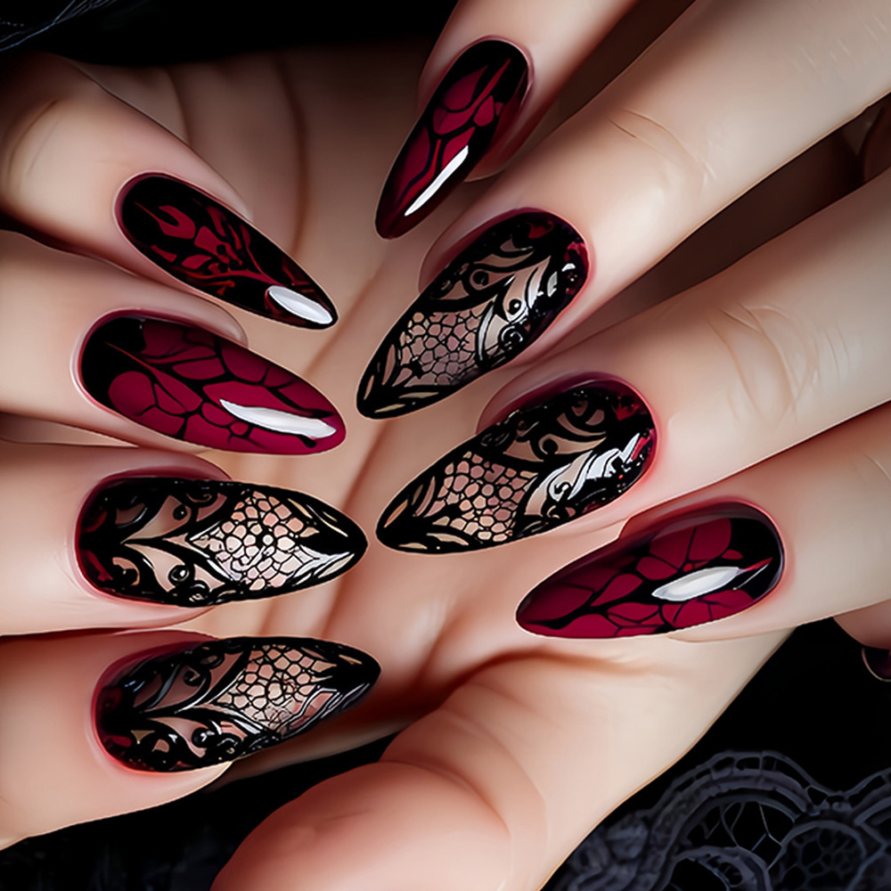 Photography Tips - Medium nepnagels voor vrouwen, donkerrood, zwart,